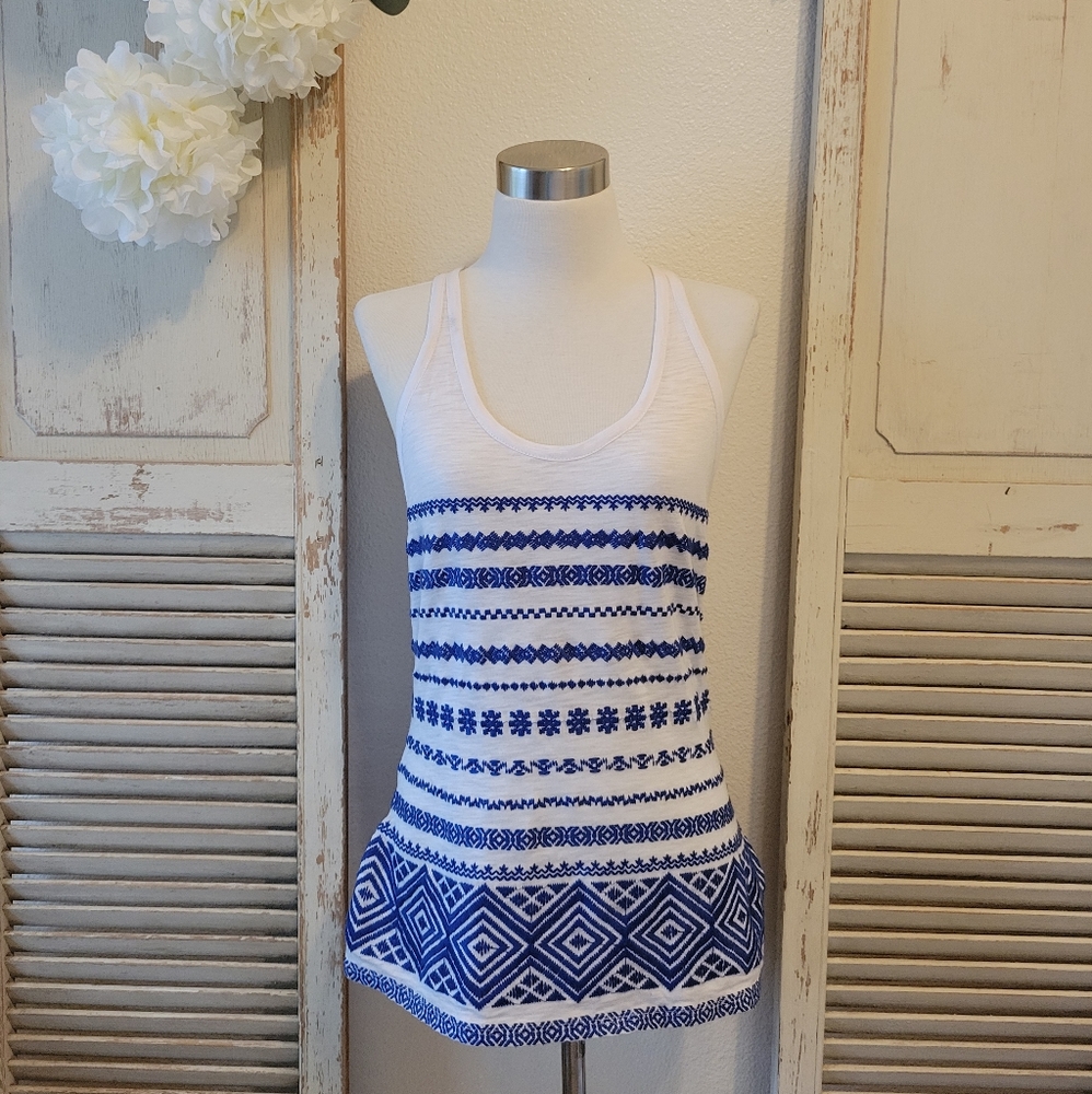 Sam Edelman white and blue embroidered Tulum tank